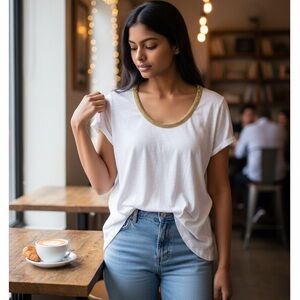 J. CREW White Linen Semi Sheer w/ Metallic Beaded Neckline Short Sleeve, size M